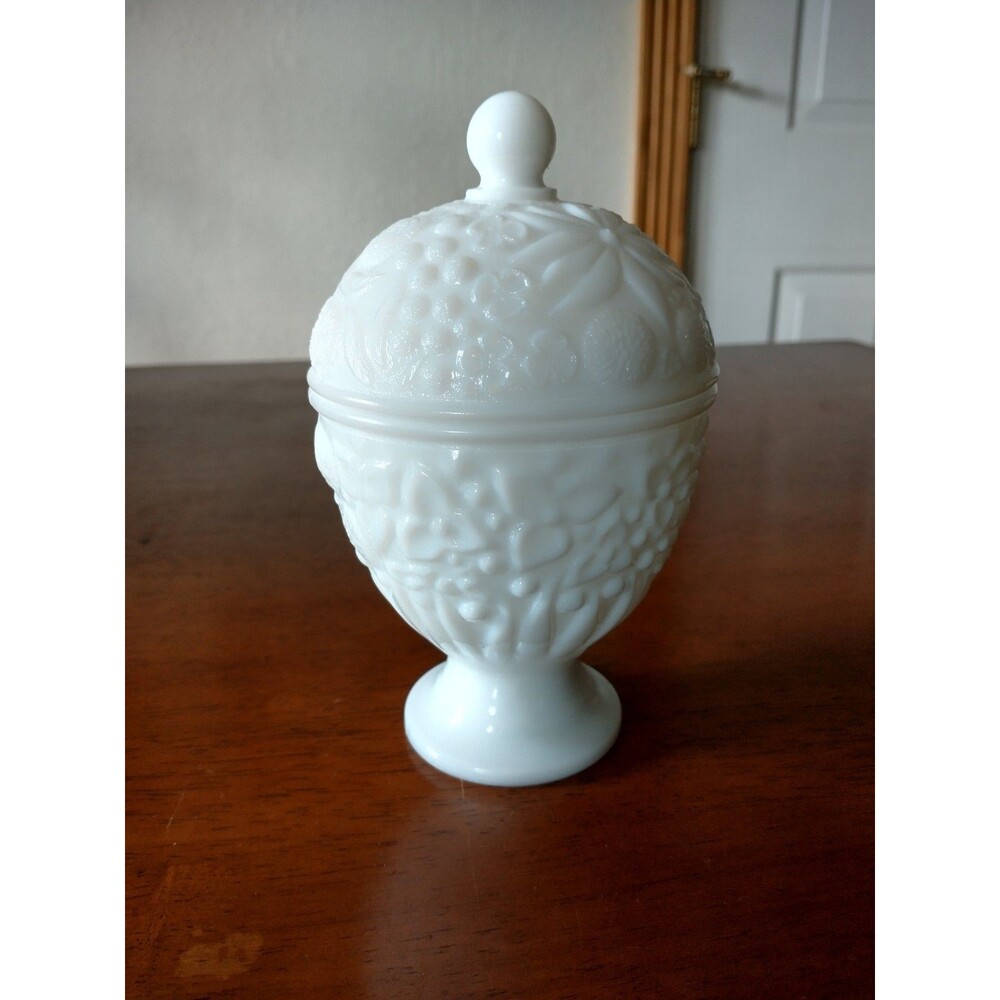 Vintage White Milk Glass Fruit Pattern Lidded Pedestal Compote Bowl 6in x 3in